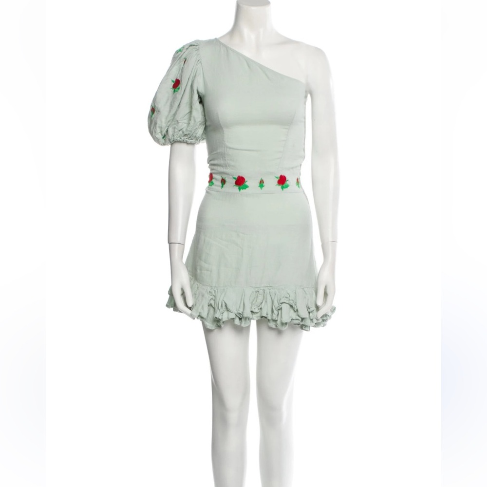 Fanm Mon x Anthropologie 100% Linen Flame Mini Mint Linen Roses Dress XL